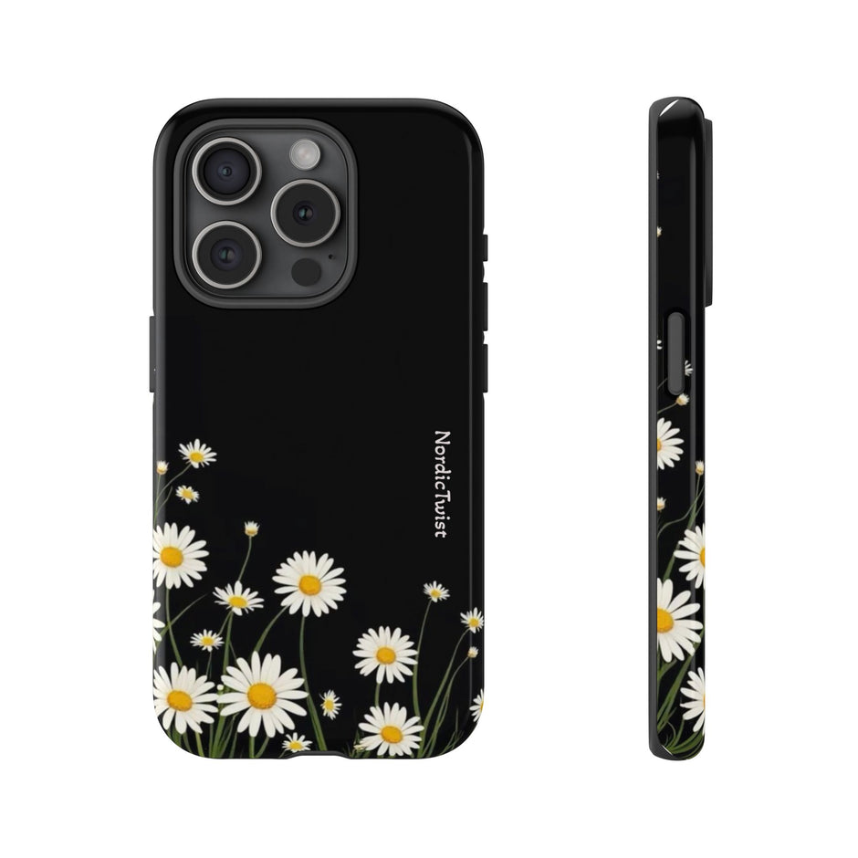 Daisy Floral Tough Phone Case – Protective Black Phone Cover with White Daisies