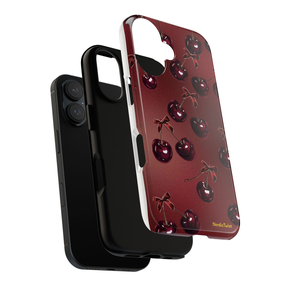 Cherry Pattern Tough Phone Case — Retro Dark Red Cherry iPhone Cover