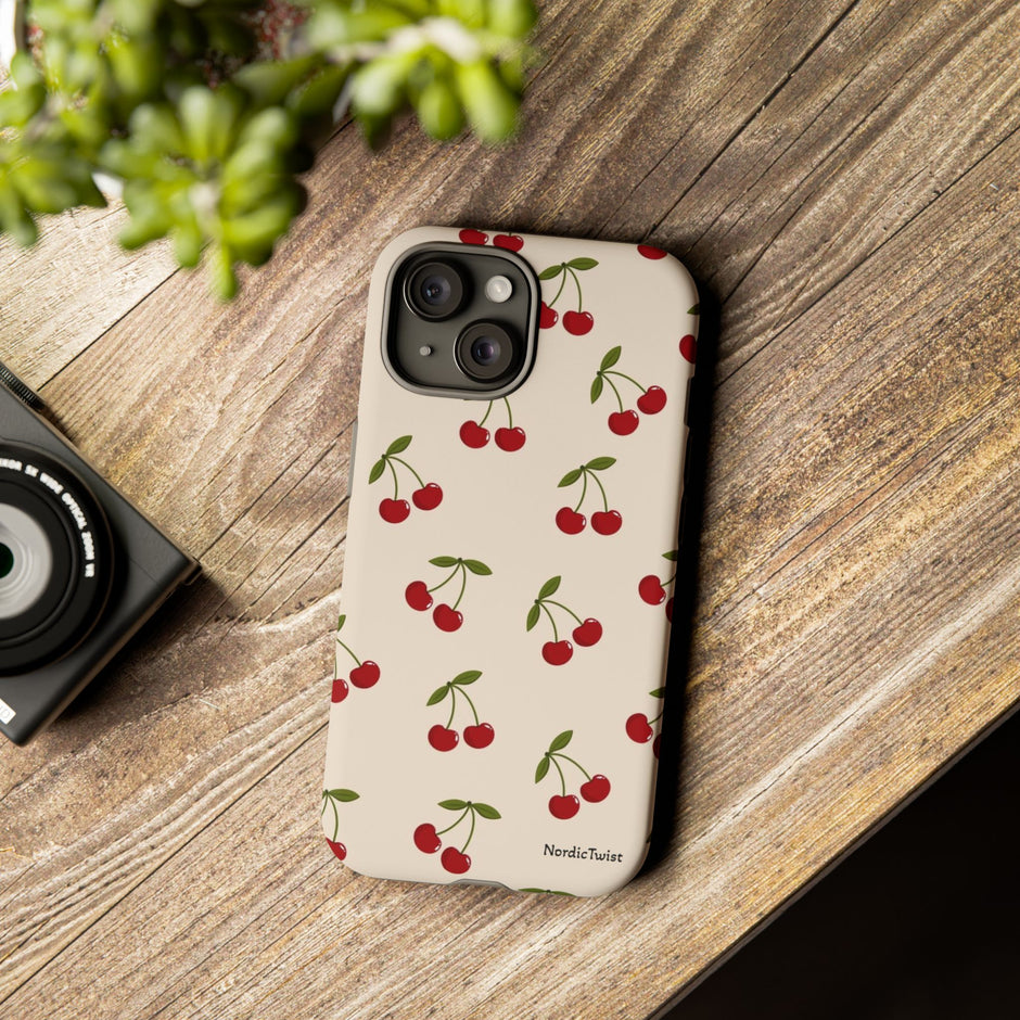 Cherry Pattern Tough Phone Case — Retro Red Cherries on Cream
