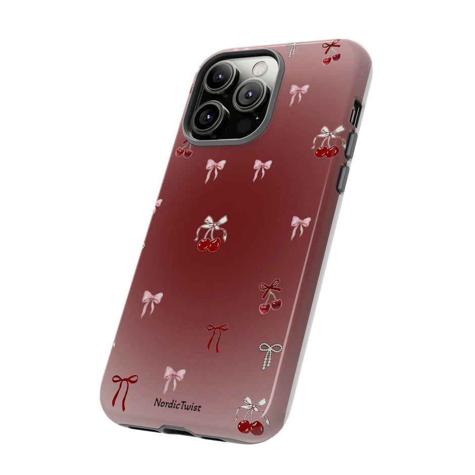 Cherry Bow Phone Case — Cute Red Gradient Protective Cover