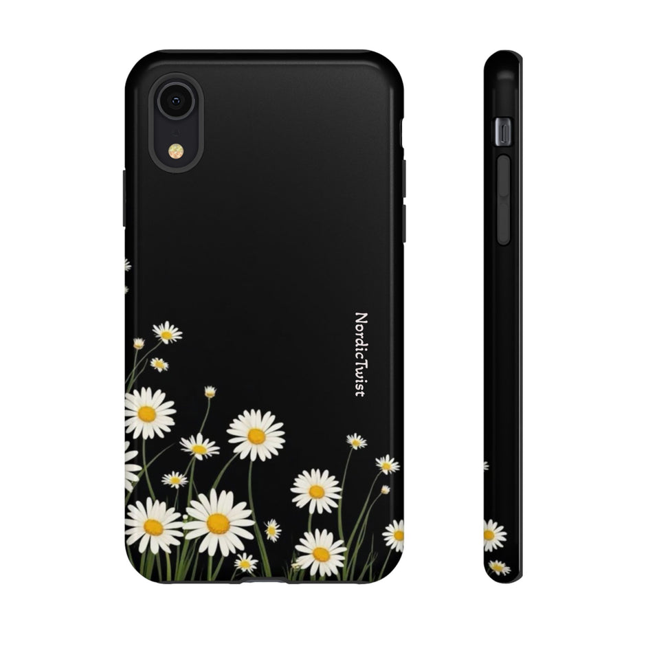 Daisy Floral Tough Phone Case – Protective Black Phone Cover with White Daisies