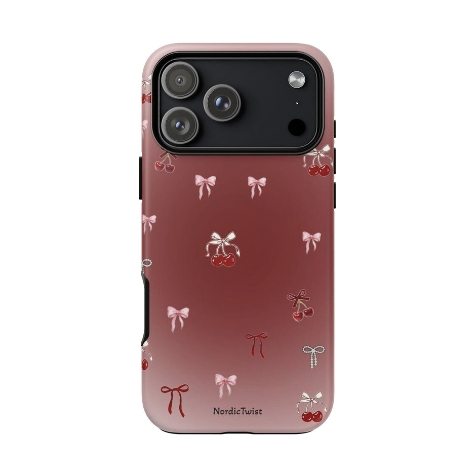 Cherry Bow Phone Case — Cute Red Gradient Protective Cover