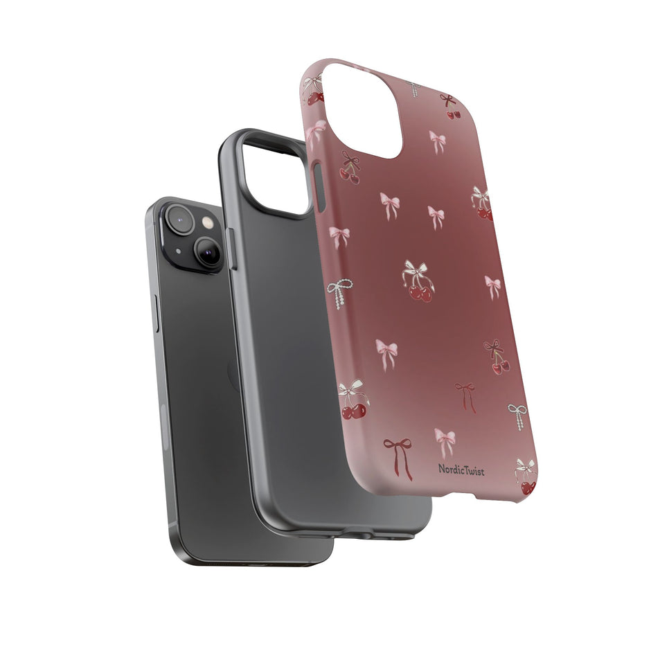 Cherry Bow Phone Case — Cute Red Gradient Protective Cover
