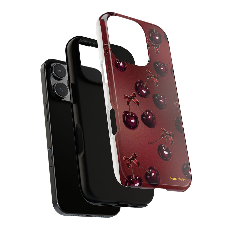 Cherry Pattern Tough Phone Case — Retro Dark Red Cherry iPhone Cover