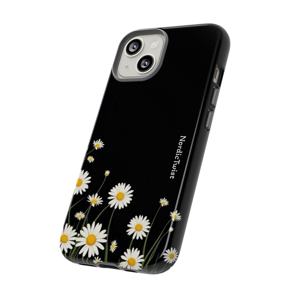 Daisy Floral Tough Phone Case – Protective Black Phone Cover with White Daisies