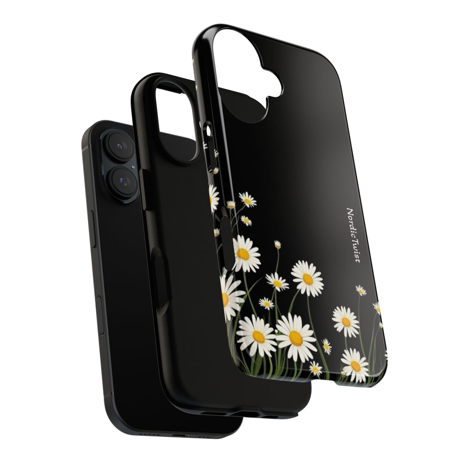 Daisy Floral Tough Phone Case – Protective Black Phone Cover with White Daisies