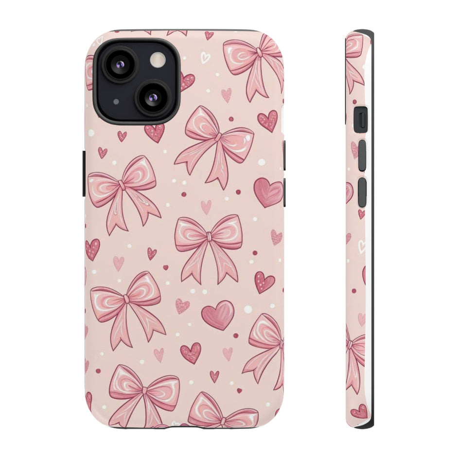 Pink Bow & Hearts Tough Phone Case — Cute Floral Ribbon iPhone Cover