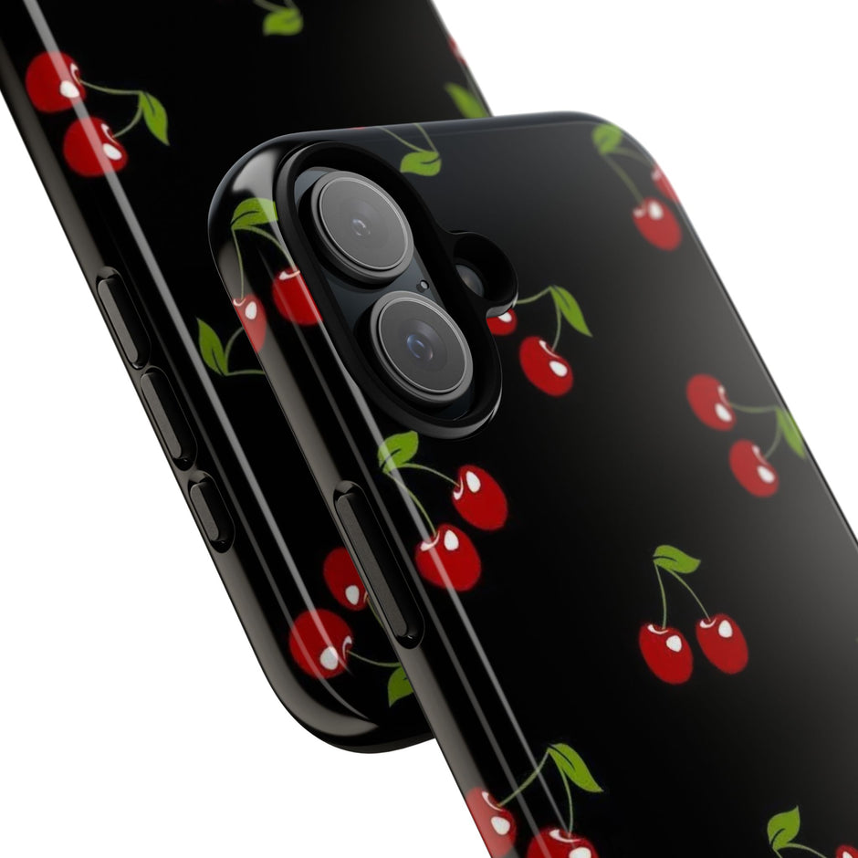Cherry Pattern Tough Phone Case — Black Retro Cherry iPhone Cover