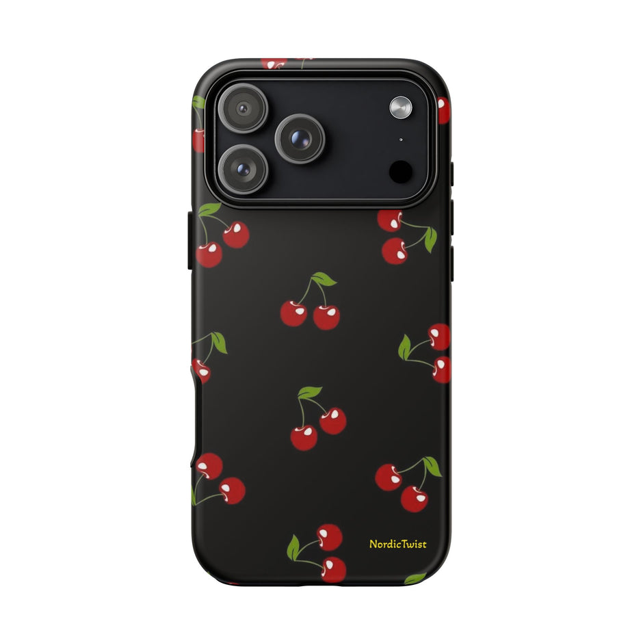 Cherry Pattern Tough Phone Case — Black Retro Cherry iPhone Cover