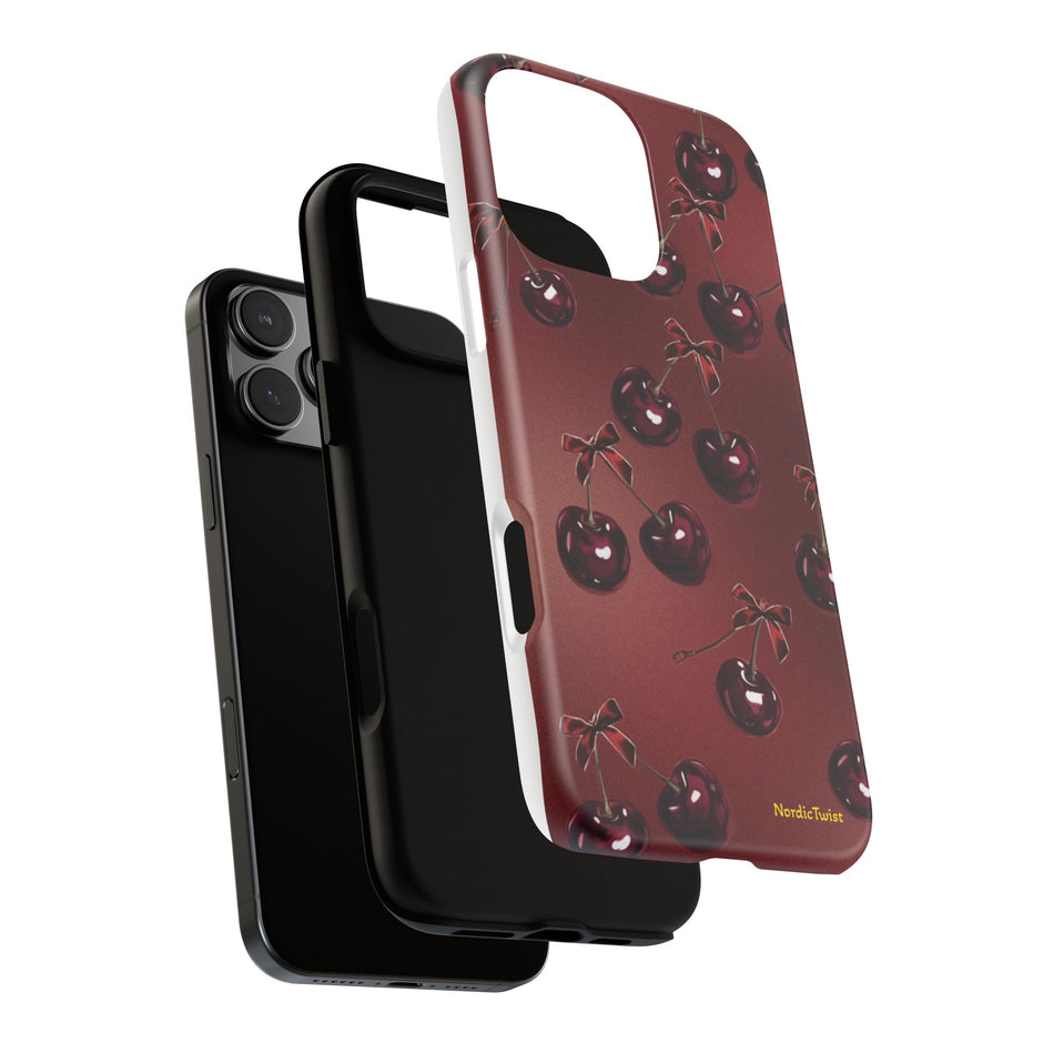 Cherry Pattern Tough Phone Case — Retro Dark Red Cherry iPhone Cover