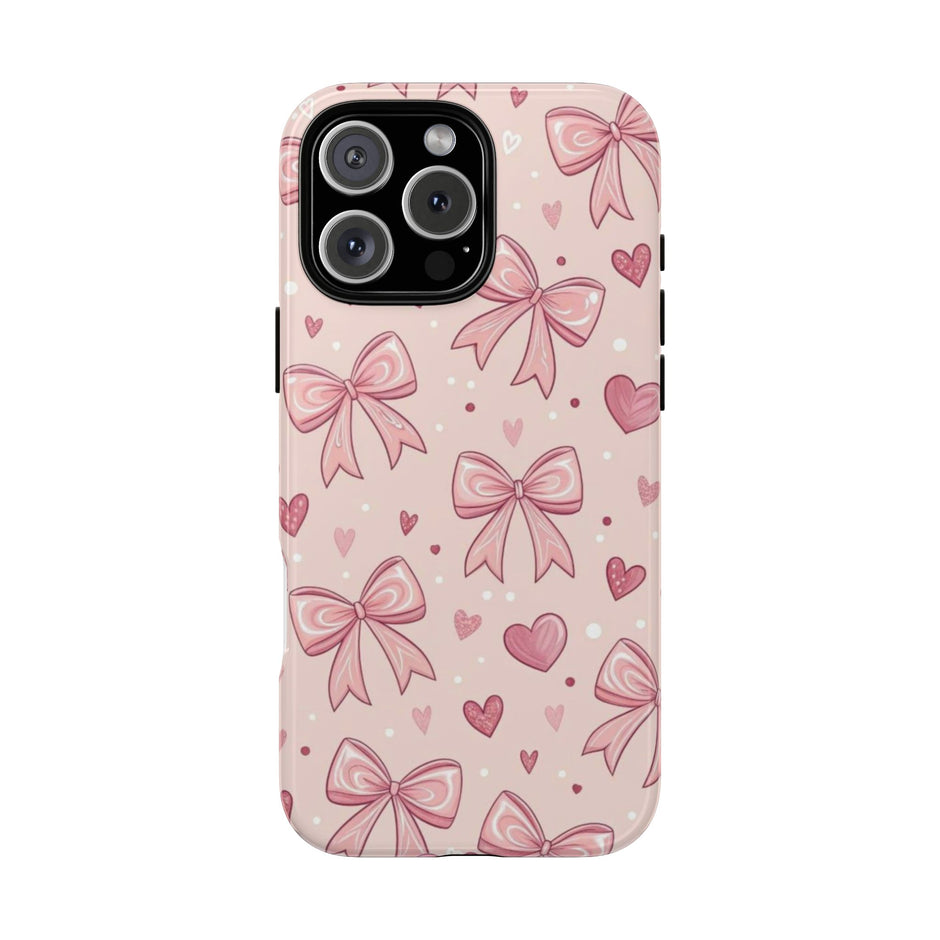 Pink Bow & Hearts Tough Phone Case — Cute Floral Ribbon iPhone Cover