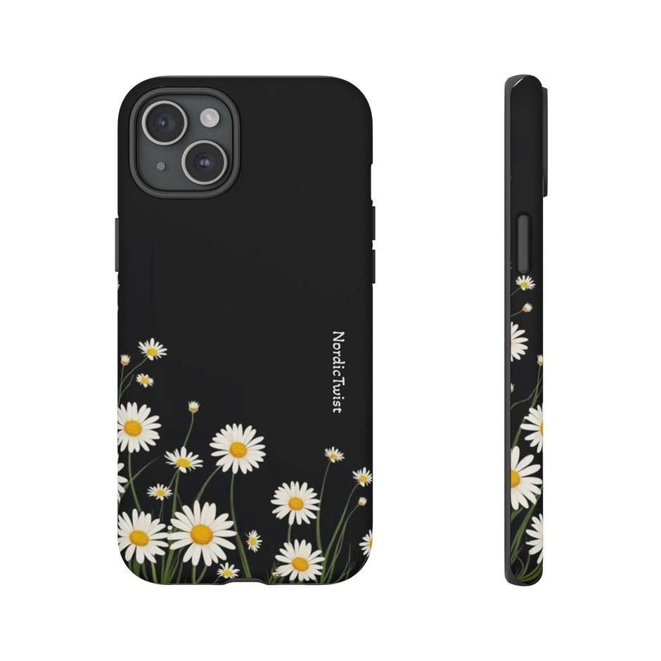 Daisy Floral Tough Phone Case – Protective Black Phone Cover with White Daisies