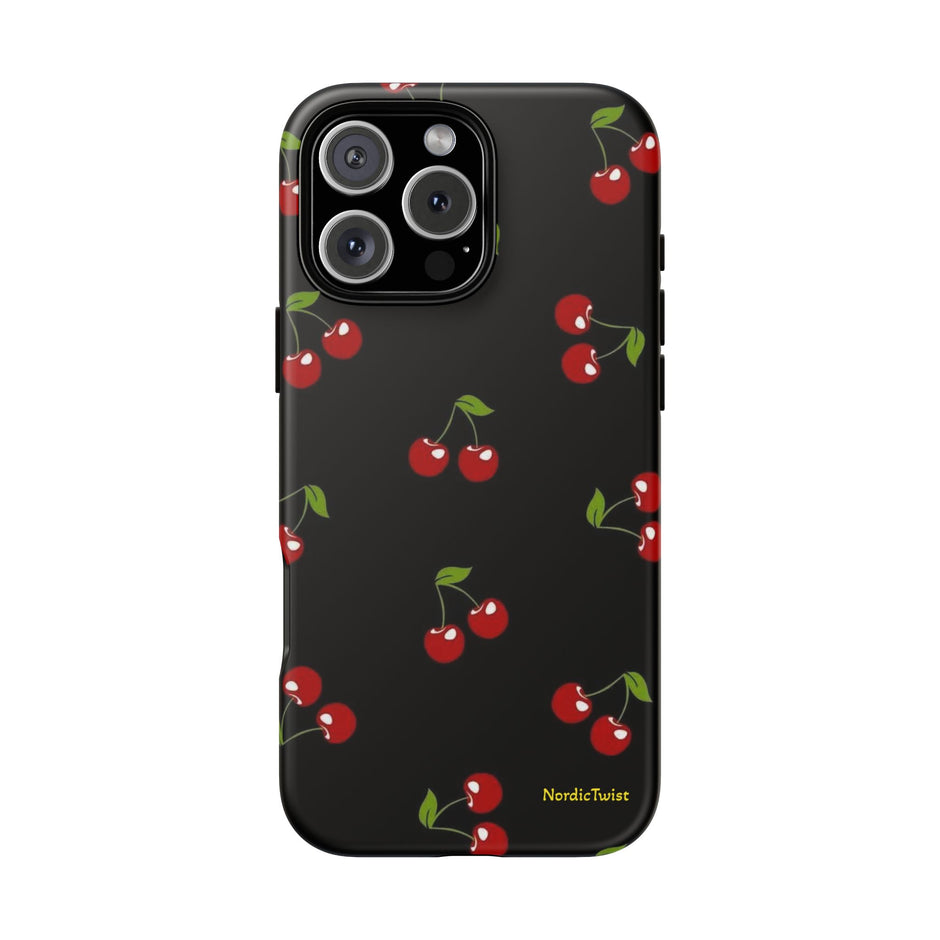 Cherry Pattern Tough Phone Case — Black Retro Cherry iPhone Cover