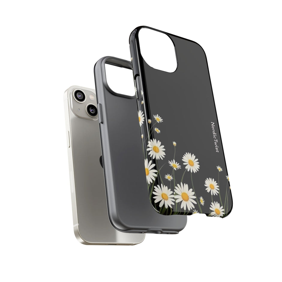 Daisy Floral Tough Phone Case – Protective Black Phone Cover with White Daisies
